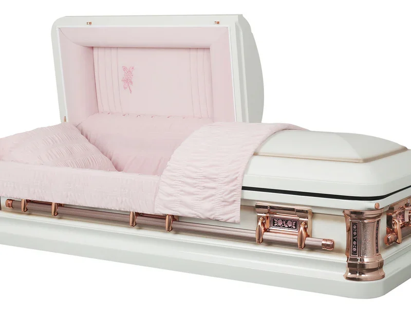 White Rose Casket - Metal Casket White Finish with Pink Interior