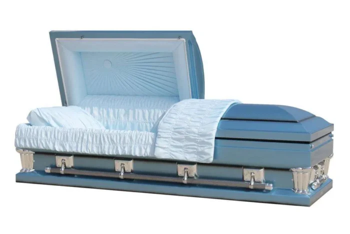 Oversized casket Adams Blue with an interior width of 27.5 inches.