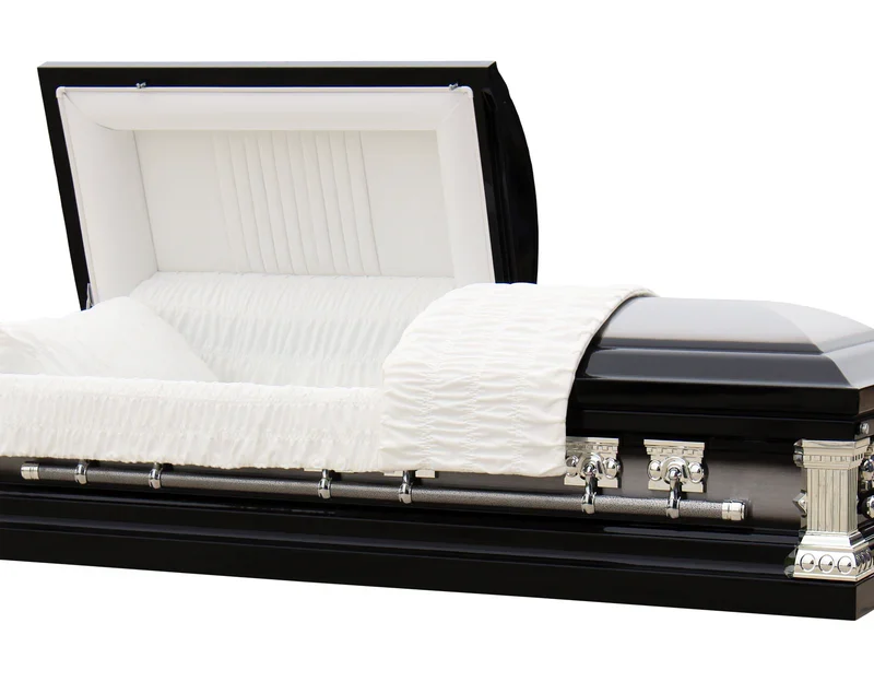 Funeral Casket Knight Black- Black and Silver Finish with White Interior